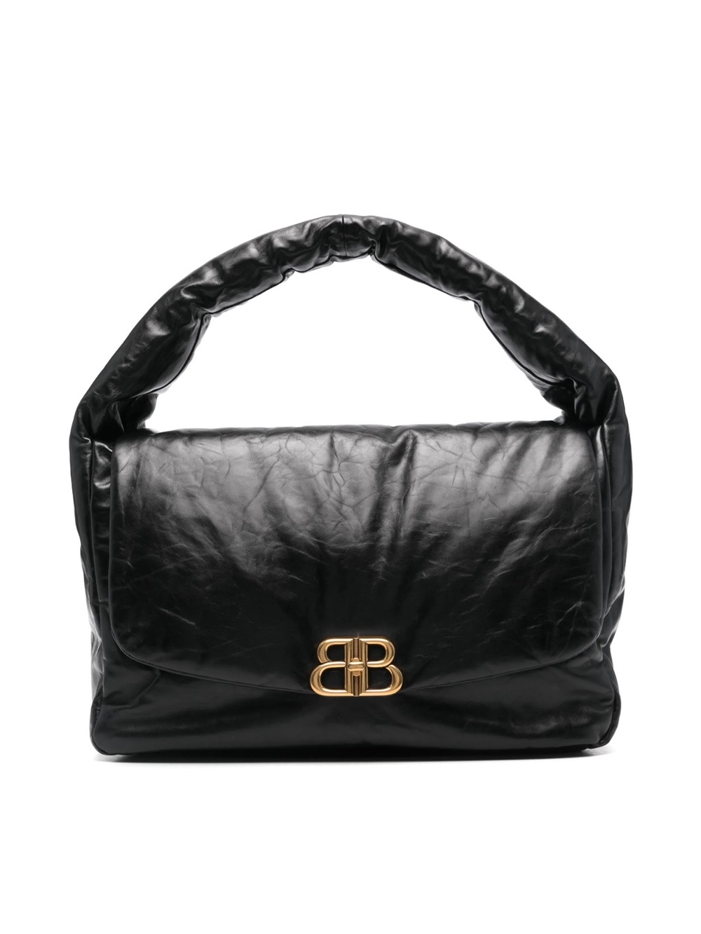 Balenciaga Monaco Black Leather BB Flap Shoulder Bag with Gold Logo